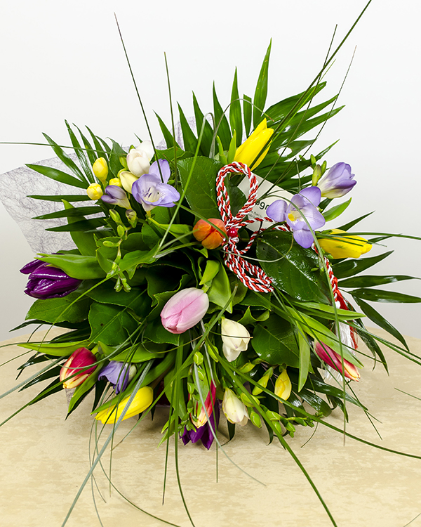Bouquet with freesias, tulips and a Martisor String