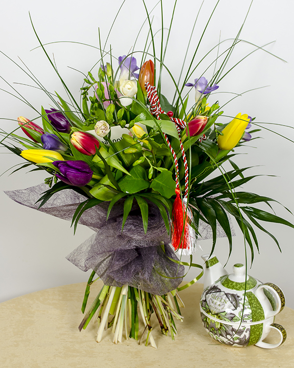 Bouquet With Freesias Tulips And A Martisor String
