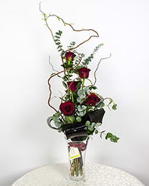 Bouquet with 5 Burgundy roses, eucalyptus and salix