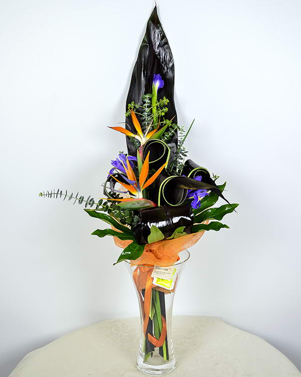Buchet strelitzia şi irişi, decorat cu aralia şi cordyline