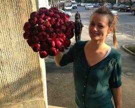 Bouquet with 37 dark brownished-red peonies