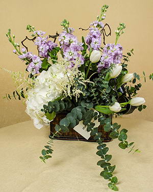 Matthiola, tulips, Astilbe, Hydrangea, Eucalyptus arrangement