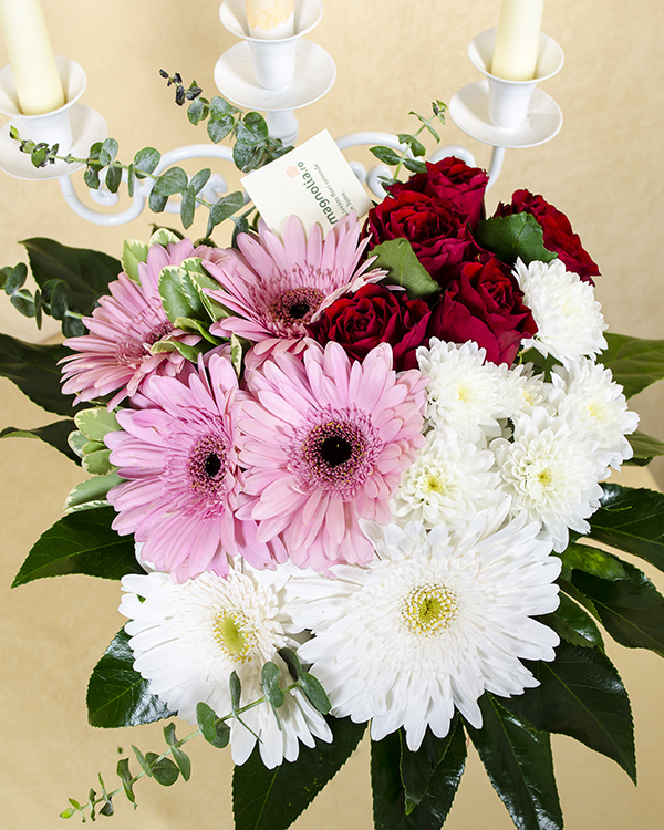 Bouquet with pink, white and red flowers