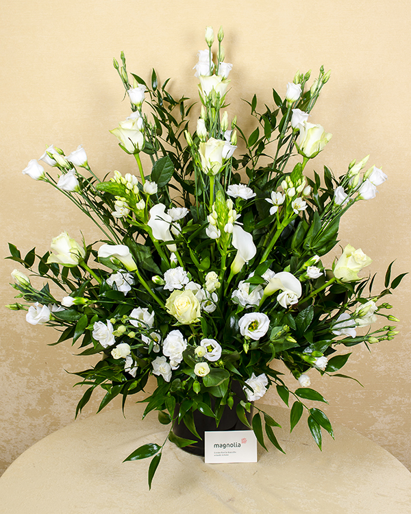 Funeral arrangement of callas, roses, carnations and eustoma