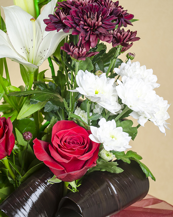 Bouquet with lilies, chrysanthemums and roses