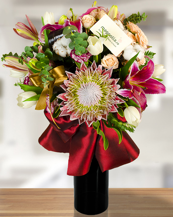 Bouquet of lilies protea and miniroses