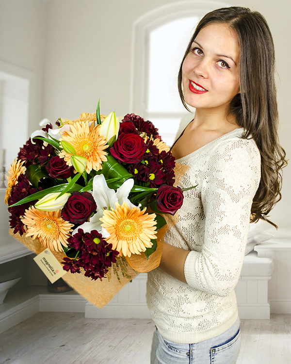Bouquet with lilies, gerbera, roses and chrysanthemums