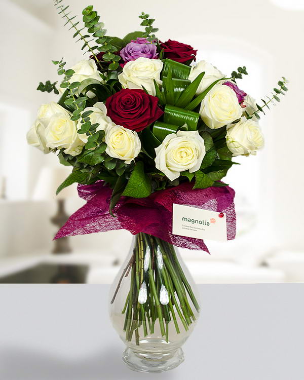 31 Multicolored roses bouquet with aspidistra