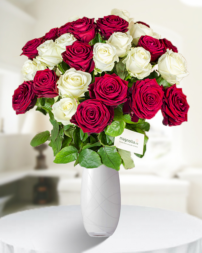 Bouquet of 31 red and white roses