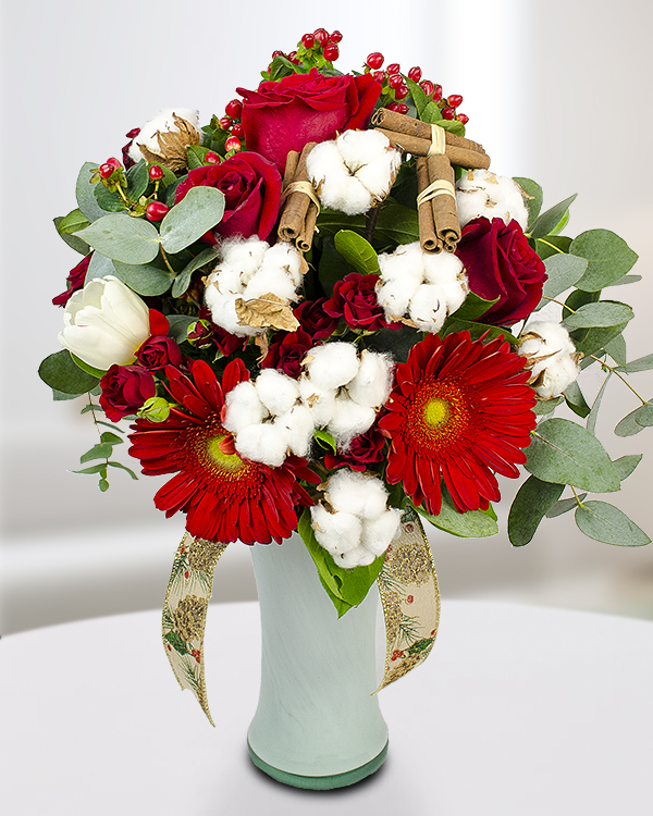 Red bouquet decorated with cotton