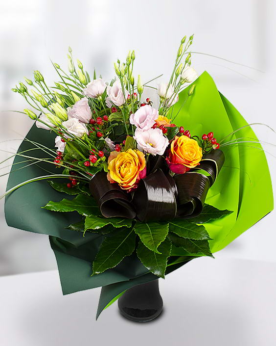 Eustoma, roses and hypericum bouquet