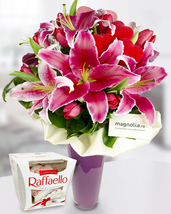 Bouquet of lilies tulips and chocolate