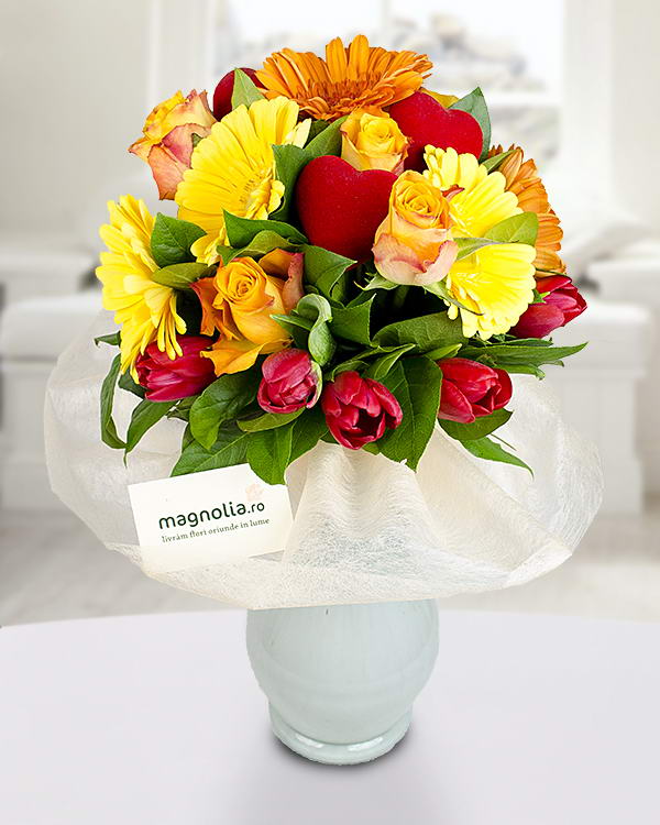 Bouquet of roses gerberas and tulips