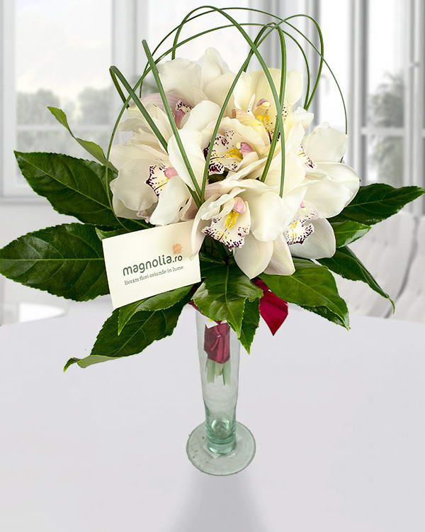 White Cymbidium orchid bouquet with aralia leaves
