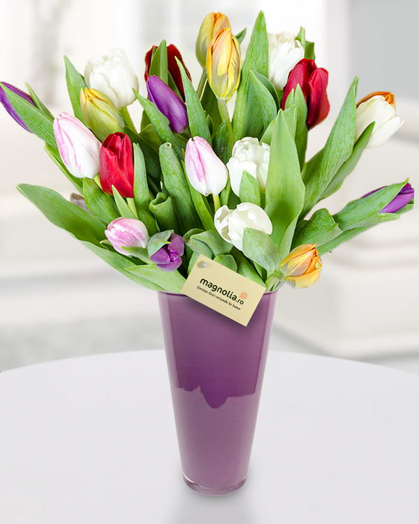 Bouquet with 19 multicolored tulips