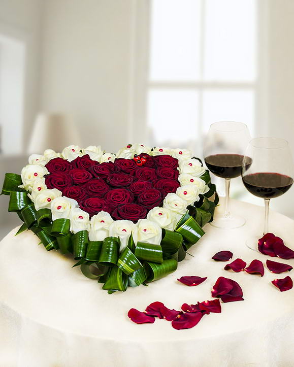 Heart shaped flower arrangement with 41 roses