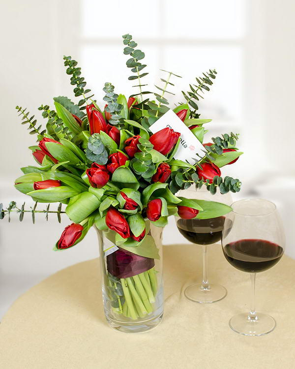 41 Red tulips with eucalyptus