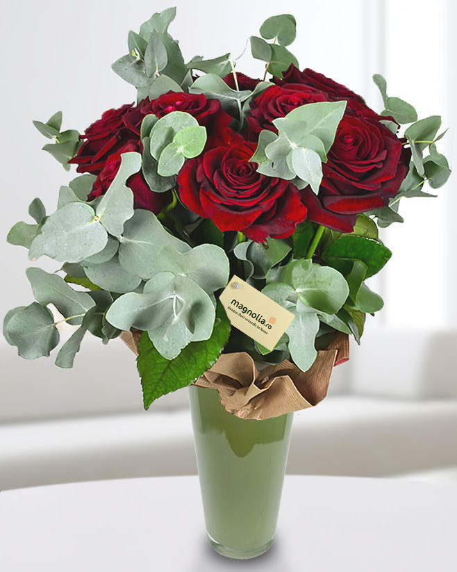 Bouquet with 9  red roses and eucalyptus