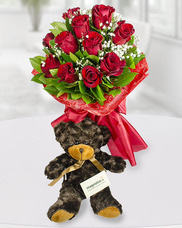 11 red roses bouquet and a teddy bear