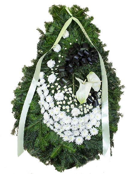 Funeral wreath with Anthurium, chrysanthemums, carnations and Cordyline leaves