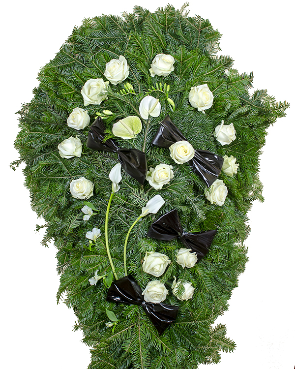 Coroană funerară cu anthurium, cale şi trandafiri