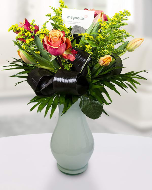 Bouquet with roses, tulips and Solidago