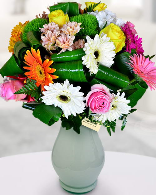 Happy bouquet with multicolored flowers