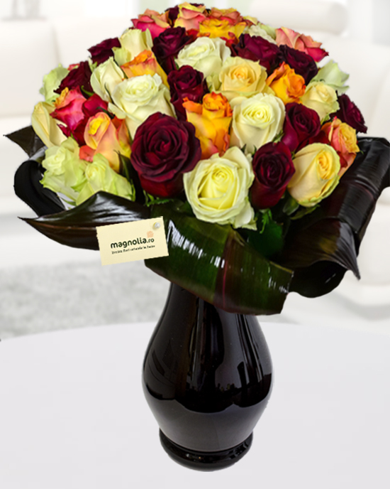 Bouquet with 55 multicolored roses