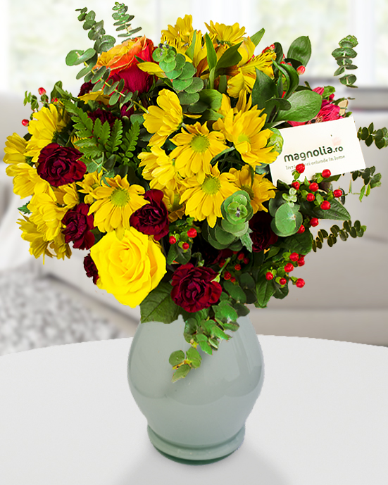 Cheerful bouquet of Roses and Chrysanthemums