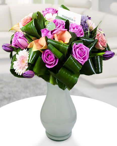 Bouquet callas, roses, tulips, gerbera and Aspidistra curls