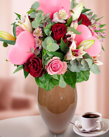Bouquet of roses alstroemeria and lilies