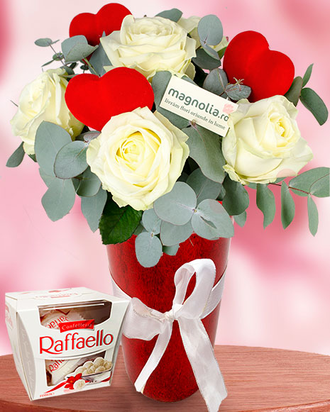 Bouquet of white roses hearts and chocolate
