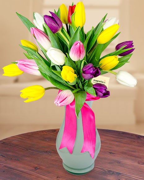 23 multicolored tulips bouquet