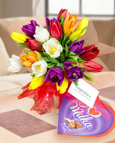 21 multicolored tulips with Milka chocolate