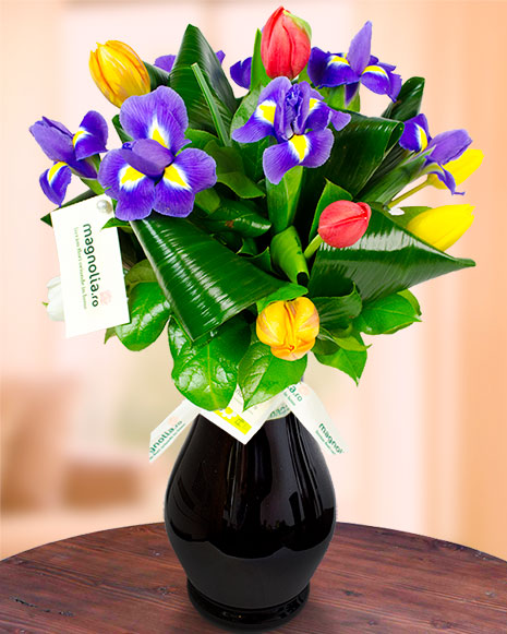 Bouquet with irises and tulips