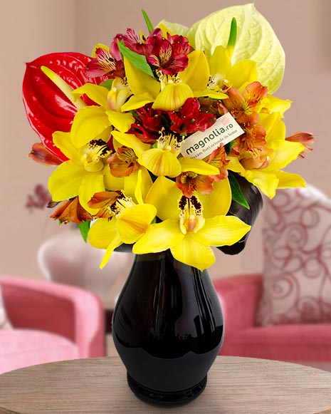 Bouquet with yellow cymbidium and anthurium