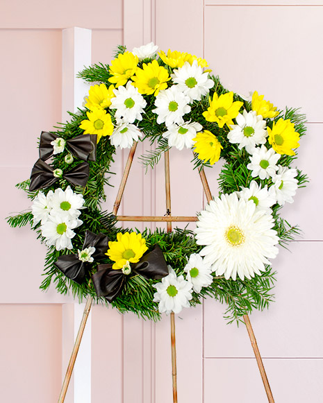 Funeral wreath with chrysanthemums and gerbera