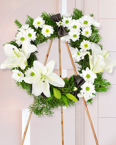 Jerbă funerară cu flori albe