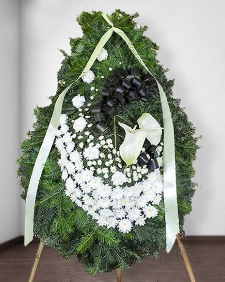 Coroană funerară cu Anthurium, crizanteme, garoafe, frunze Cordyline
