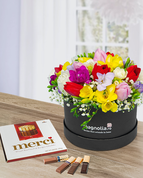 Box with freesias and tulips