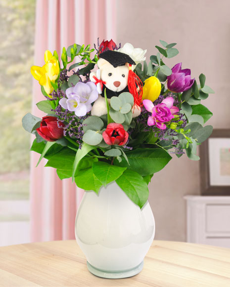Graduation bouquet of tulips and freesias