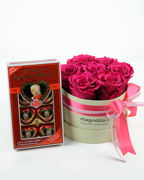 Pink preserved roses box and chocolates