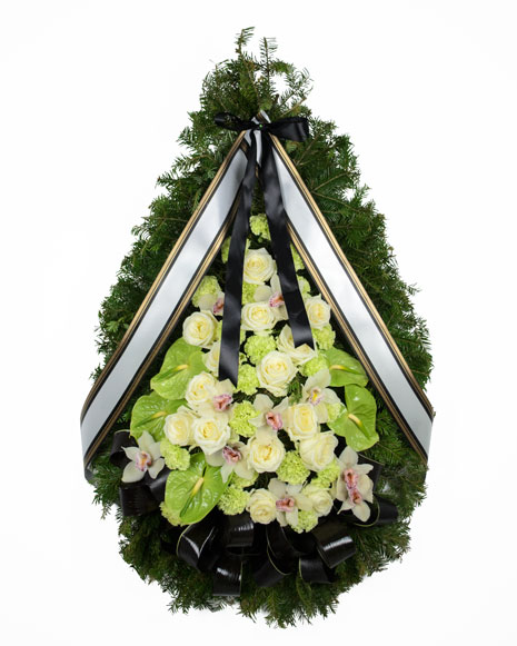 Coroana funerara cu orhidee si trandafiri