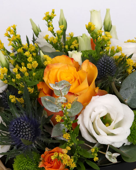Cutie cu flori albe si portocalii