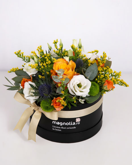 Box with white and orange flowers