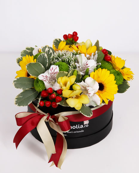 Box with red and yellow flowers