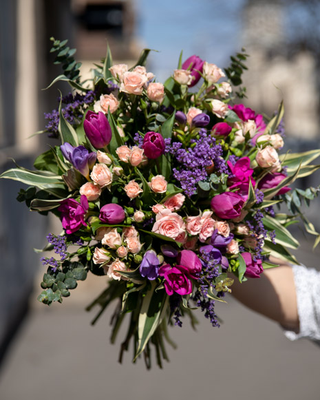 Bouquet with miniature roses, freesias and tulips