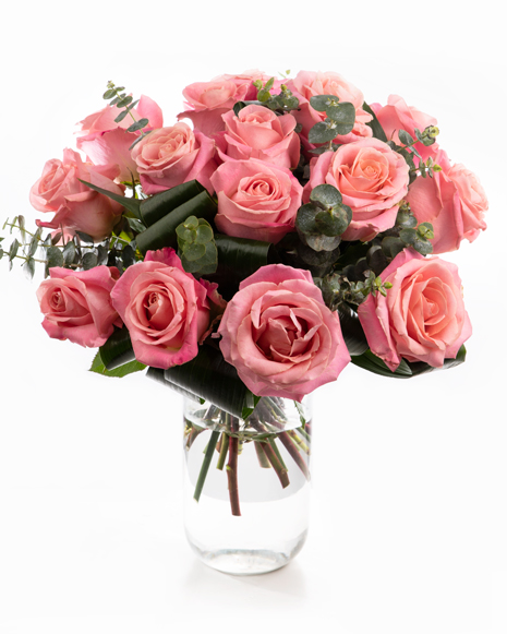 Bouquet with pink roses and eucalyptus