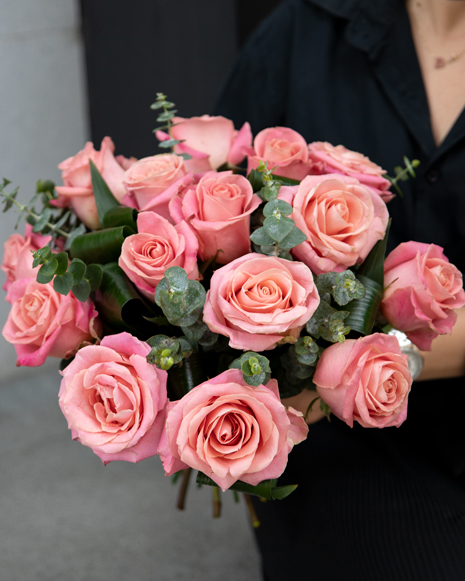 Bouquet with pink roses and eucalyptus
