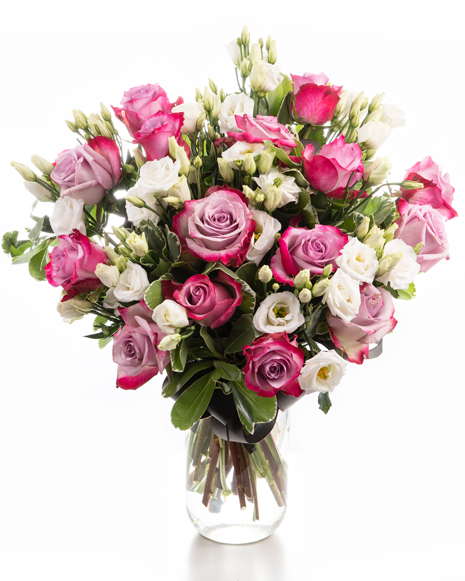 Bouquet with purple roses and eustoma
